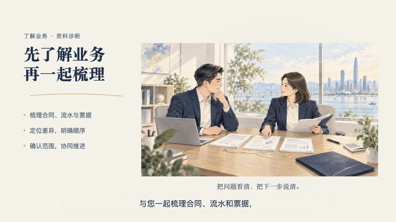 手绘水彩风格的惠泽顾问与企业客户共同整理跨境业务资料