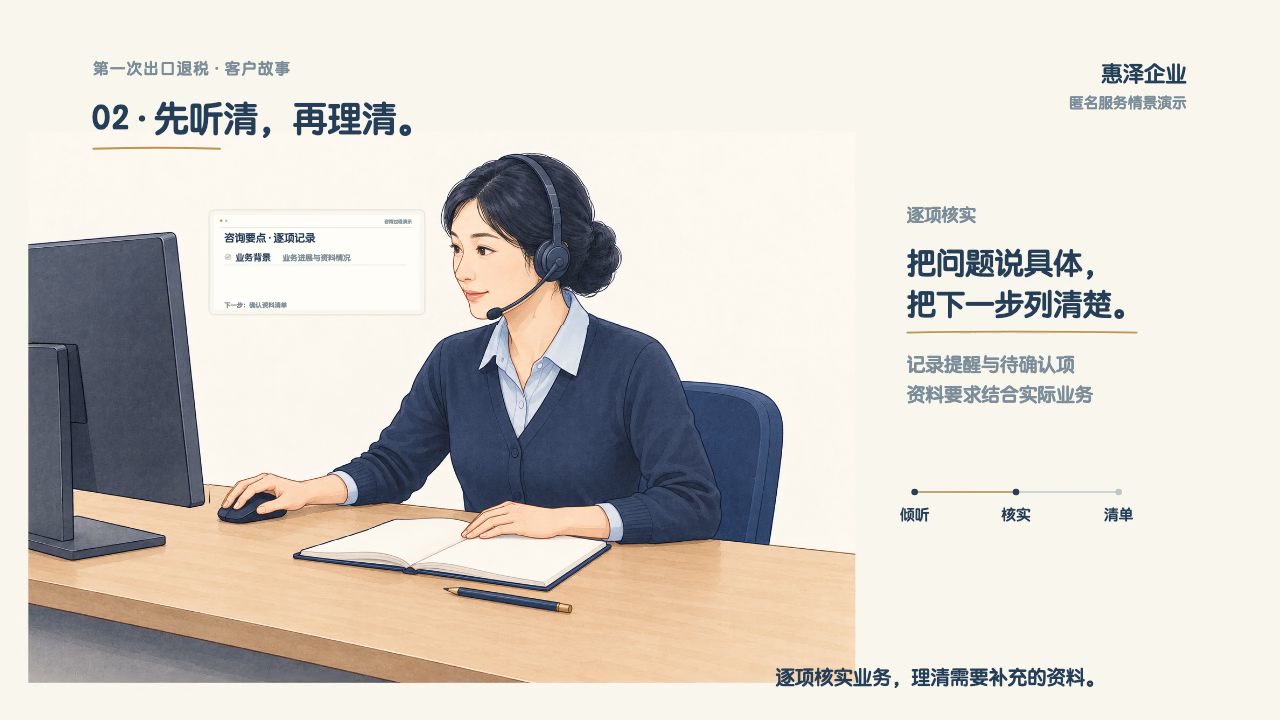 手绘女性客户经理坐在电脑前，耐心沟通客户的财税问题