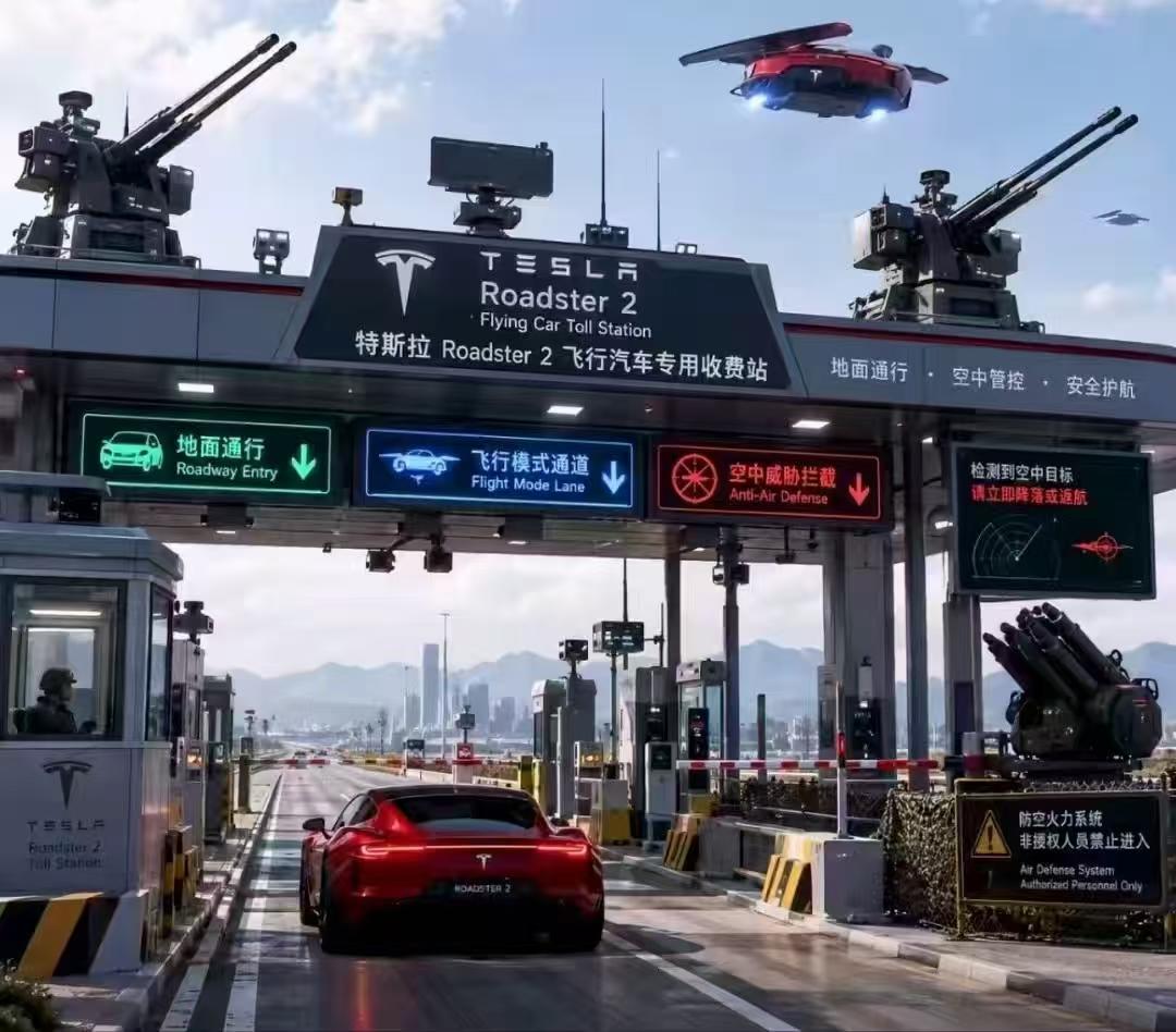 Roadster 飞行汽车收费站创意画面（非官方）