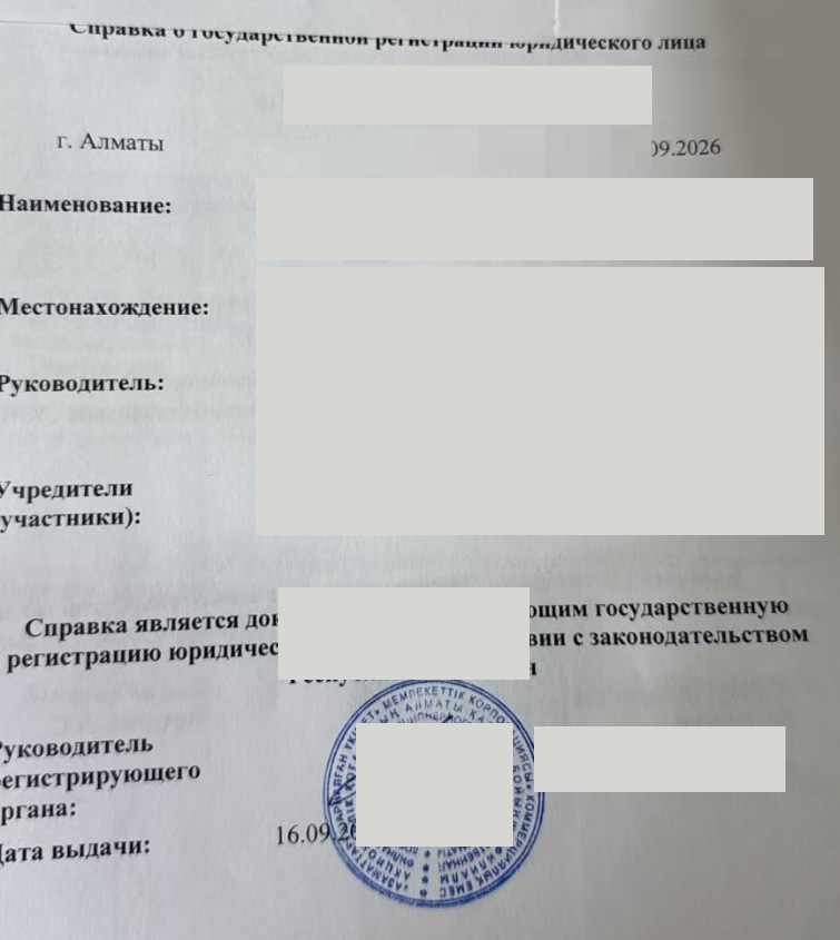 客户哈萨克斯坦公司登记文件，身份及企业信息已脱敏