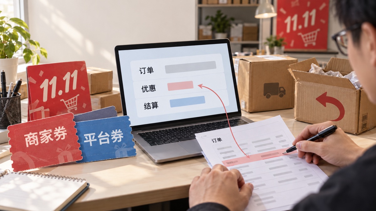双十一商家券、平台券与订单结算核对示意